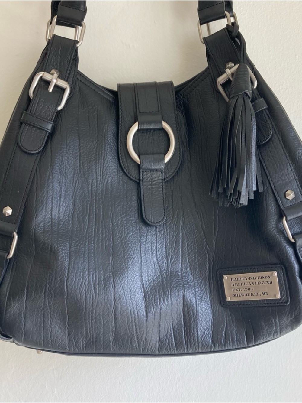 Y2K Harley Davidson American Legend Black Leather Hobo Bag with Tassel and Studs